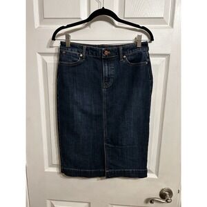Talbots Denim Skirt Size 4 Blue Jeans Knee Length Modest Zipper Slit Pockets 90s